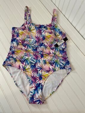 NWT CATHERINE MALANDRINO Womens Leaves Ruched 1-PC Swimsuit Plus Size 2X